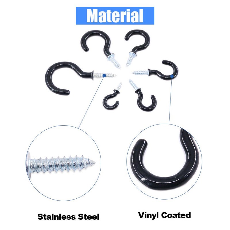 Glarks 100-Pieces 6 Sizes Black Vinyl Coated Cup Hooks Screw-in Ceiling Hooks Screw Hooks Mug Hooks Hangers Assortment Kit for Home and Office Use - Image 4